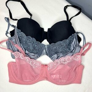 Vctorias Secret Bra Lot Size 36C Bundle of 3 Bras Black Pink and Blue-Grey Sexy